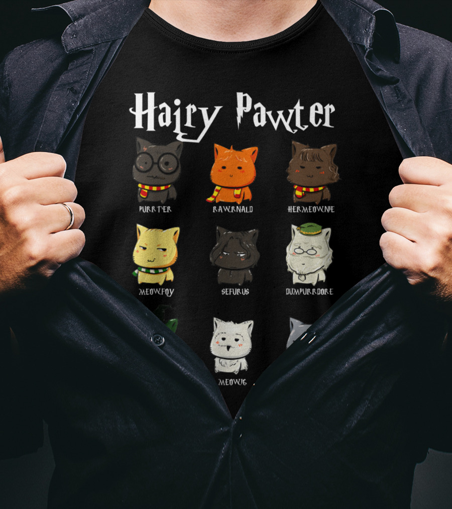 Hairy Pawter Purrter Rawrnald Hermeowne Meowfoy Seferus Dumblepurr Meowgonagall Meowg VoldeMew T-Shirt