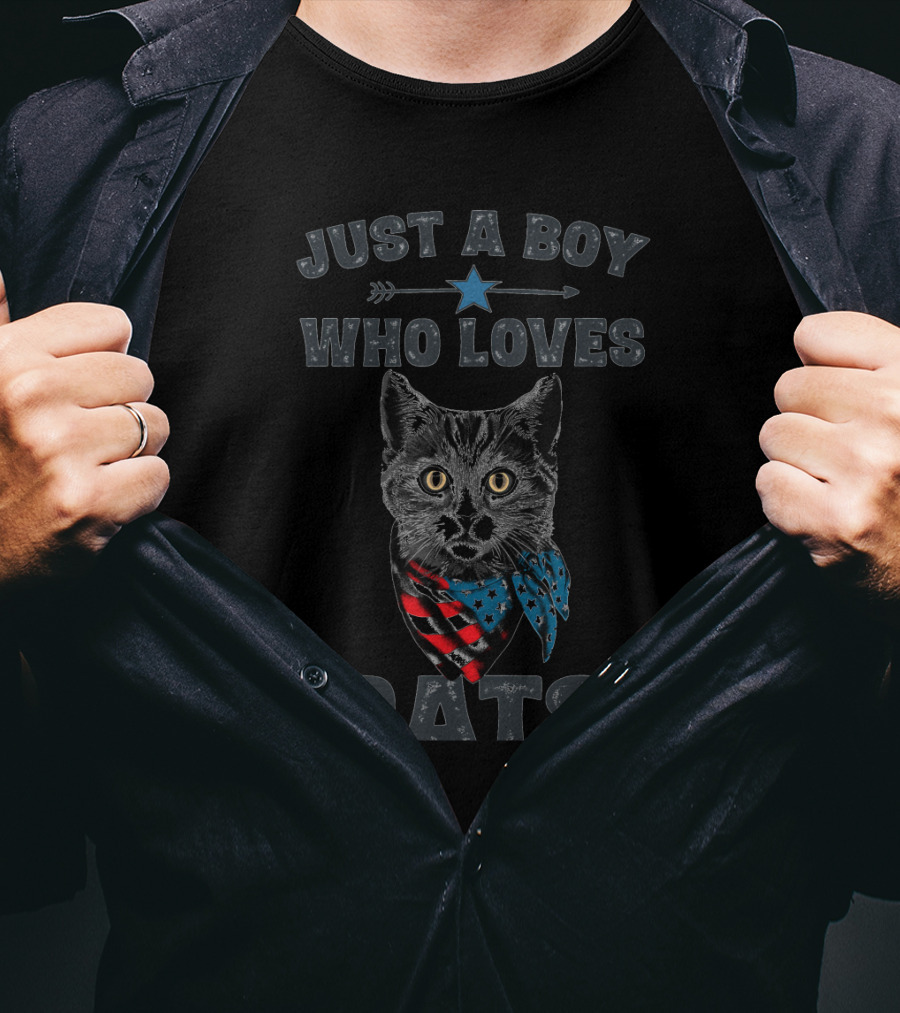 Just A Boy Who Loves Cats Patriotic Vintage Cat Lover T-Shirt