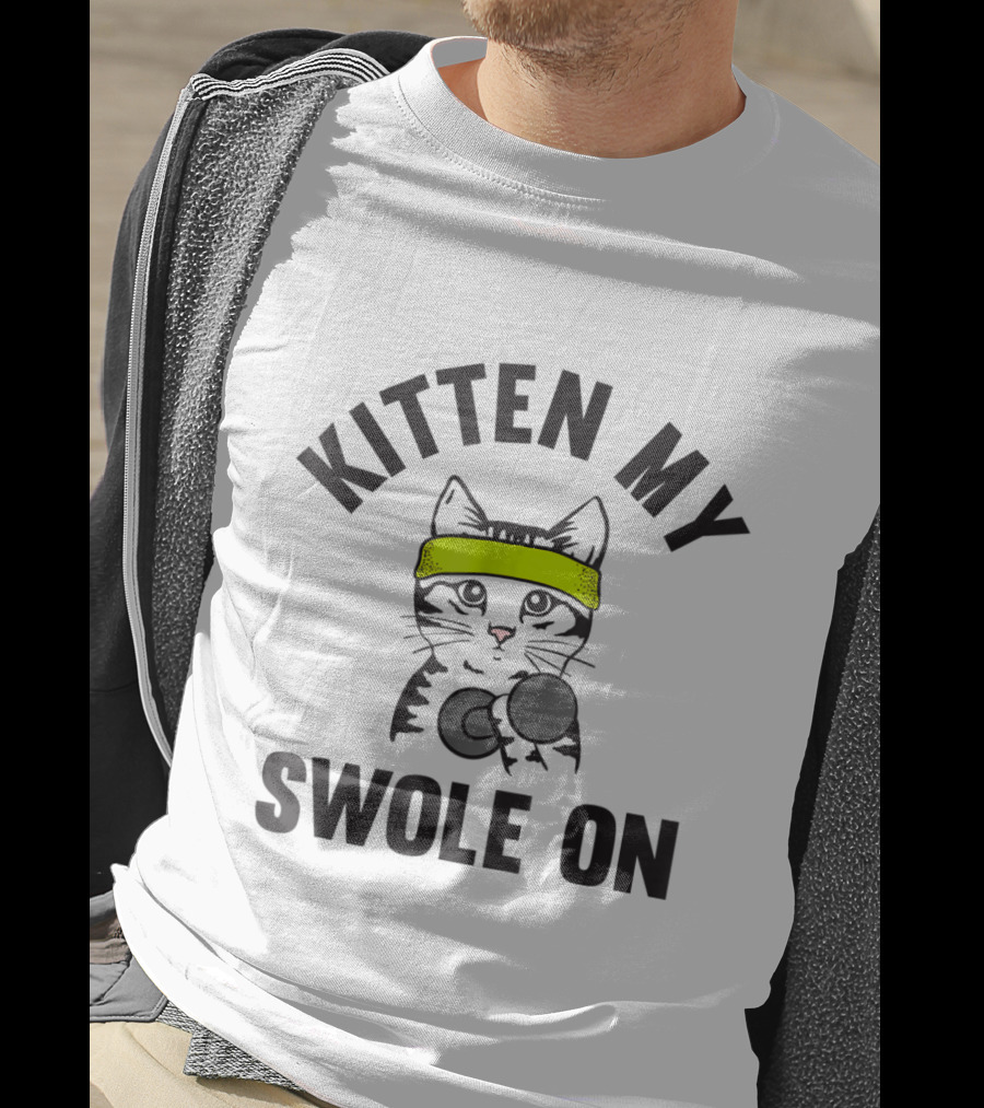 Kitten My Swole On Funny Cat Lover Gym Workout With Dumbbell And Neon Headband T-Shirt