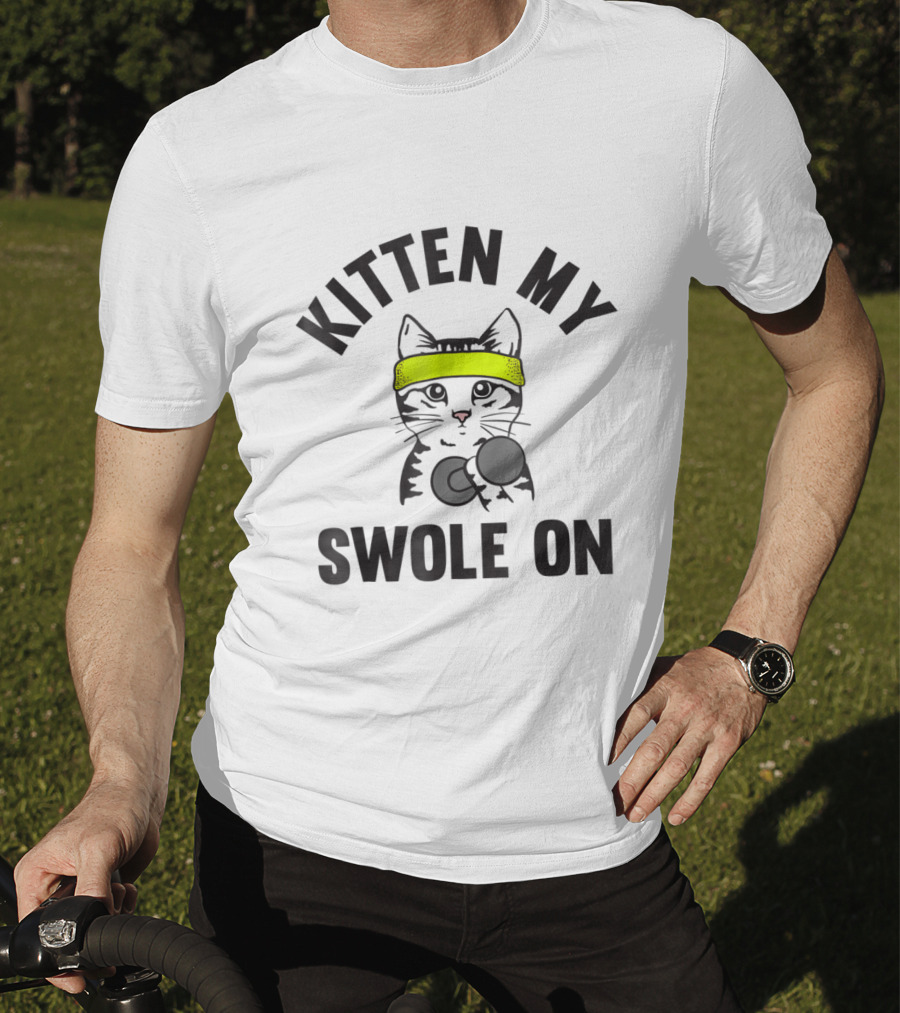 Kitten My Swole On Funny Cat Lover Gym Workout With Dumbbell And Neon Headband T-Shirt