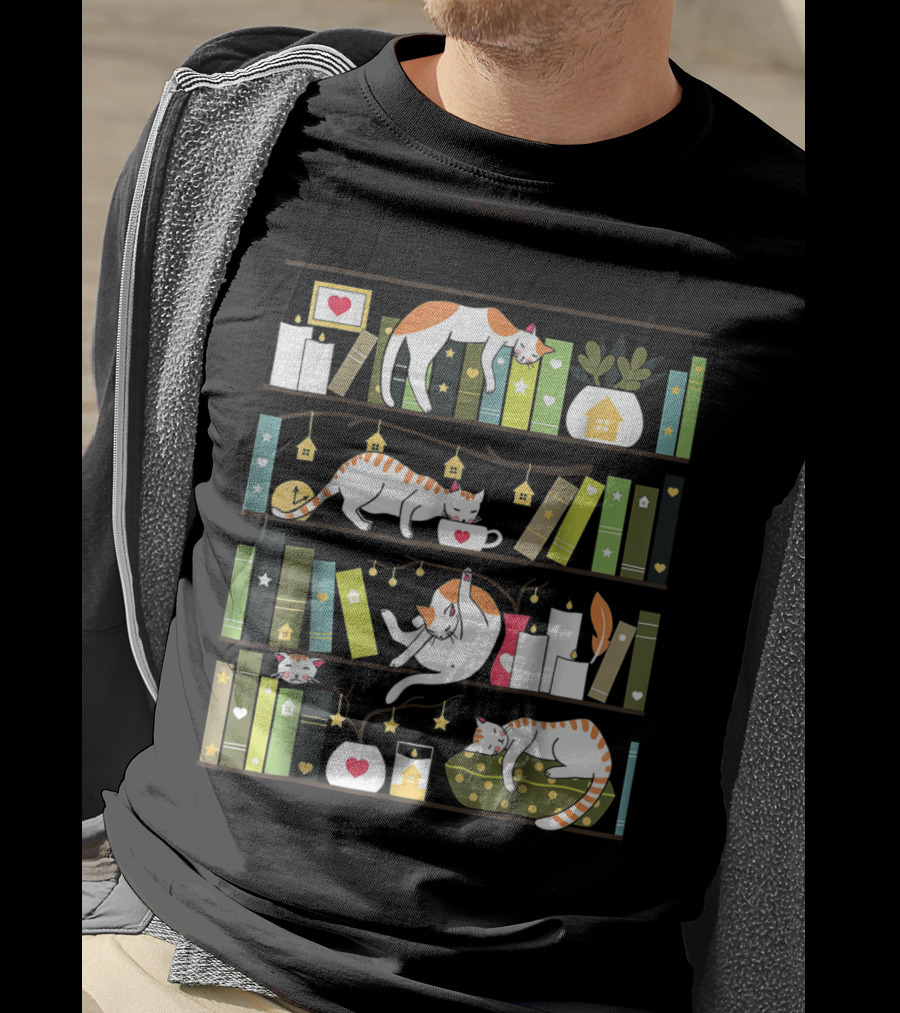 Library Cats Delightful Shelves Adorable Cats Book Lovers Day Charm T-Shirt