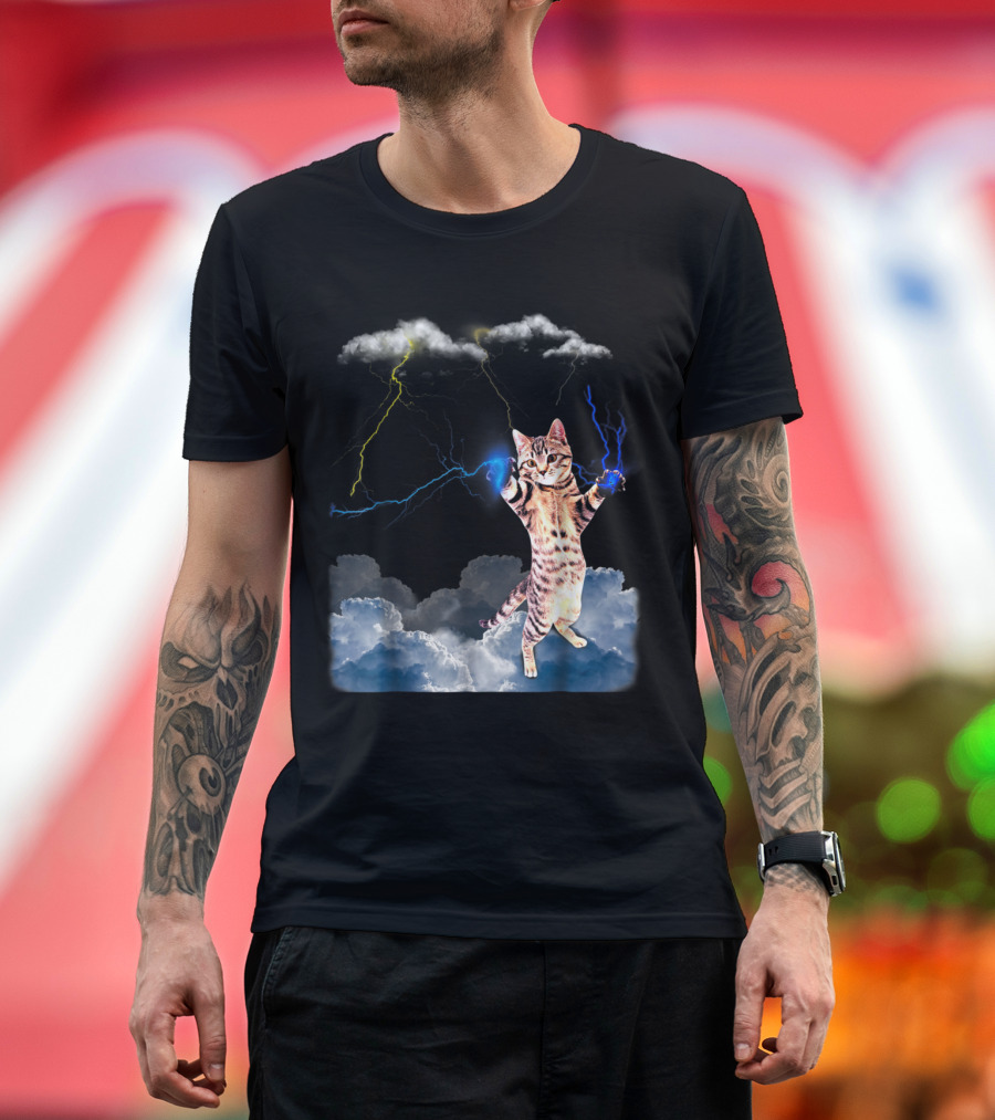 Lightning Cat with Stormy Clouds and Electric Bolts T-Shirt