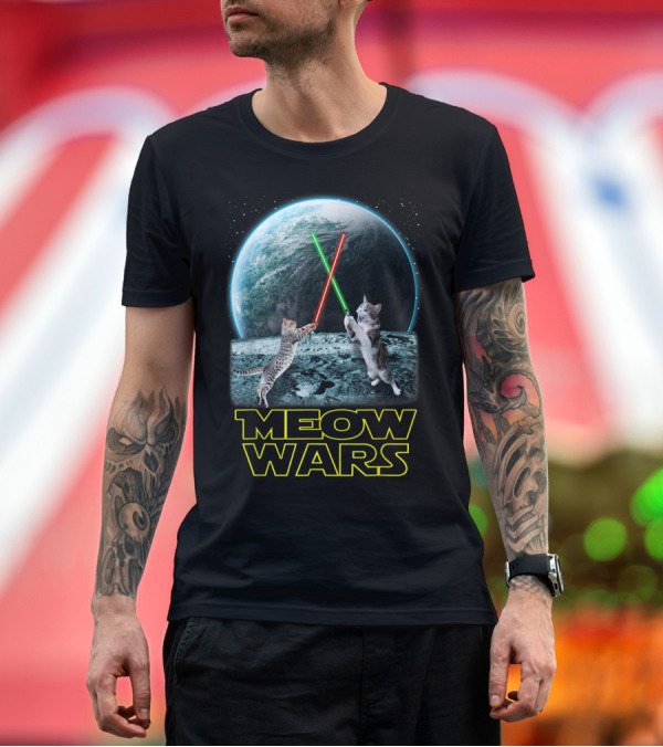 Premium T-Shirt: Meow Wars Funny Cats Lovers Galactic Duel with Light Sabers T-Shirt Meow Wars Funny Cats Lovers Galactic Duel with Light Sabers T-Shirt