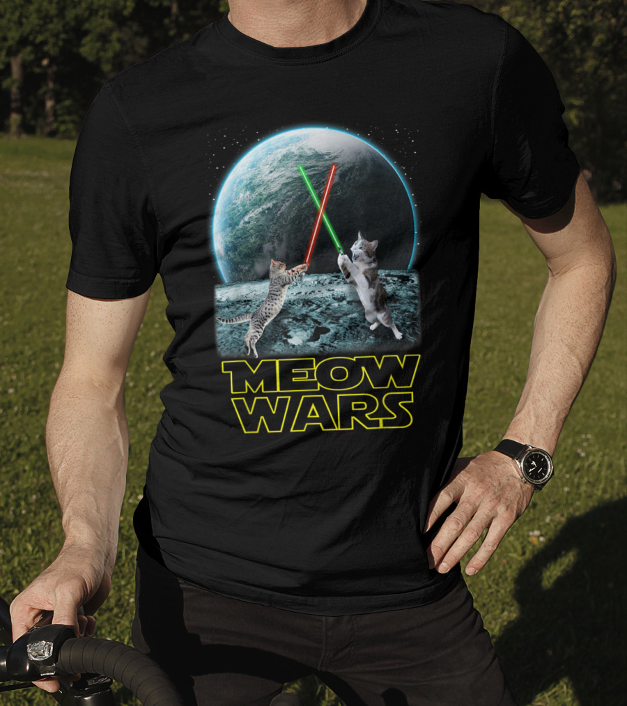 Meow Wars Funny Cats Lovers Galactic Duel With Light Sabers T-Shirt