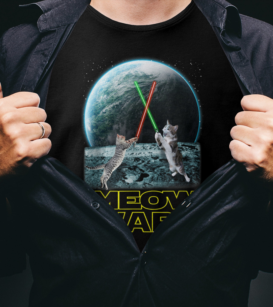 Meow Wars Funny Cats Lovers Galactic Duel With Light Sabers T-Shirt
