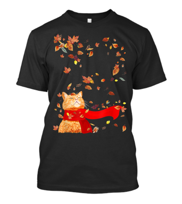 Maple Leaf Autumn Cat With Red Scarf Surrounded By Falling Leaves For Funny Kitten Lover T-Shirt