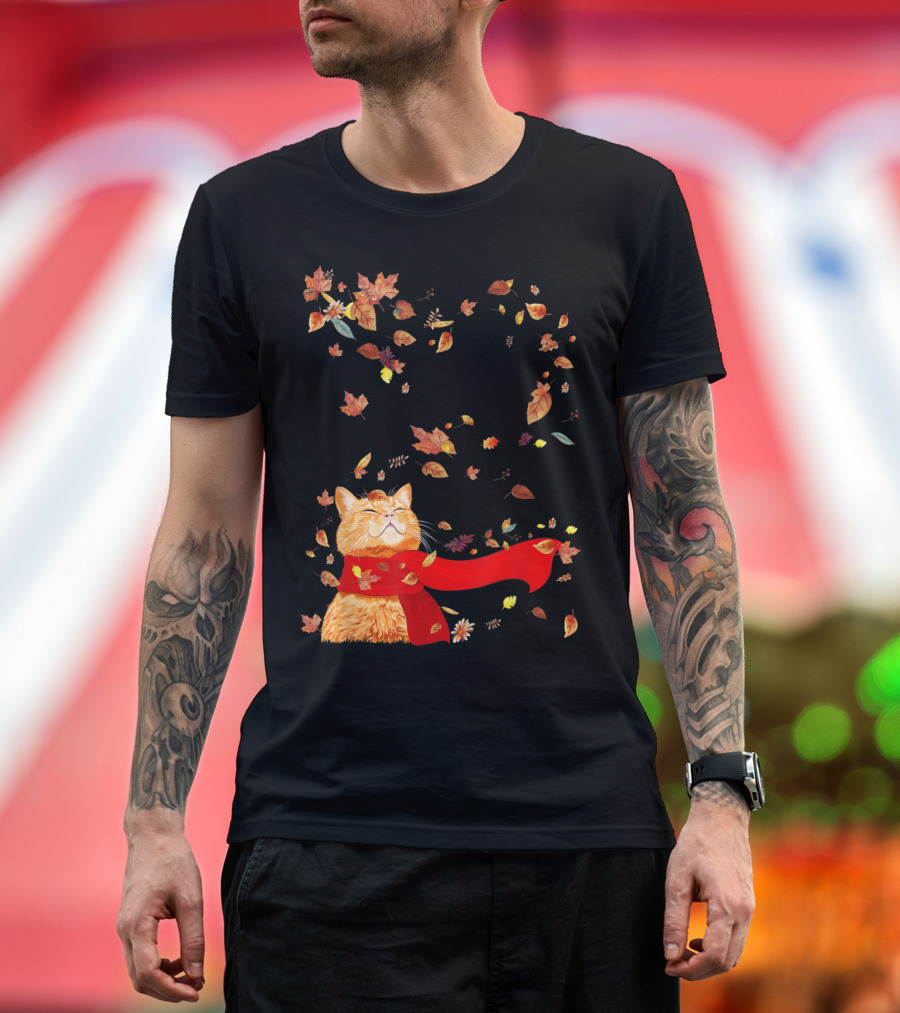 Maple Leaf Autumn Cat with Red Scarf Surrounded by Falling Leaves for Funny Kitten Lover T-Shirt