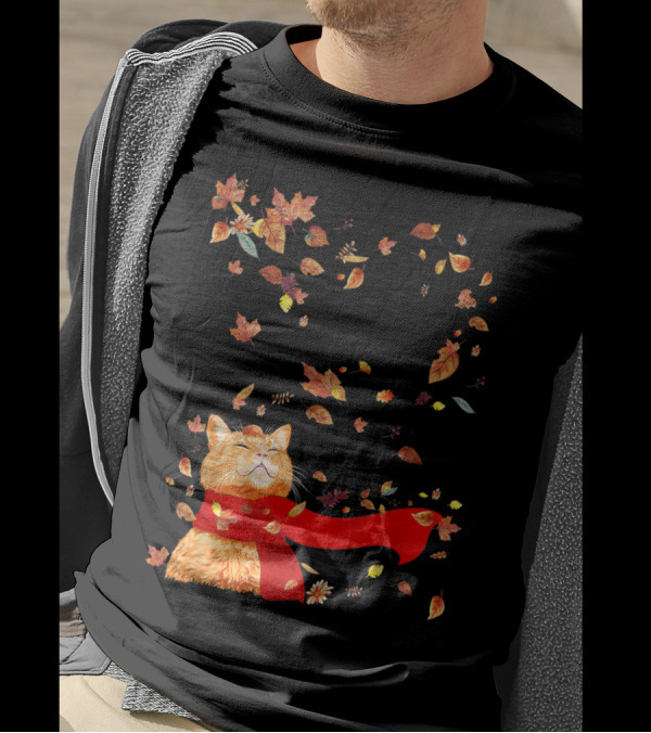 Maple Leaf Autumn Cat With Red Scarf Surrounded By Falling Leaves For Funny Kitten Lover T-Shirt