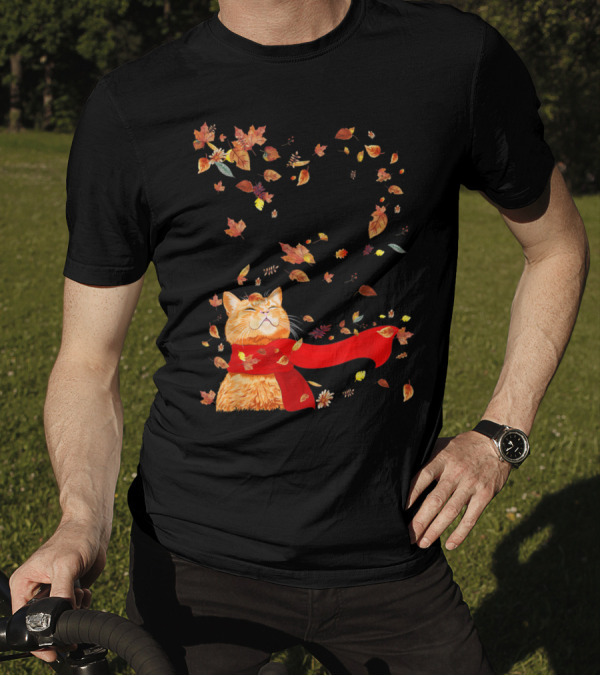 Maple Leaf Autumn Cat With Red Scarf Surrounded By Falling Leaves For Funny Kitten Lover T-Shirt