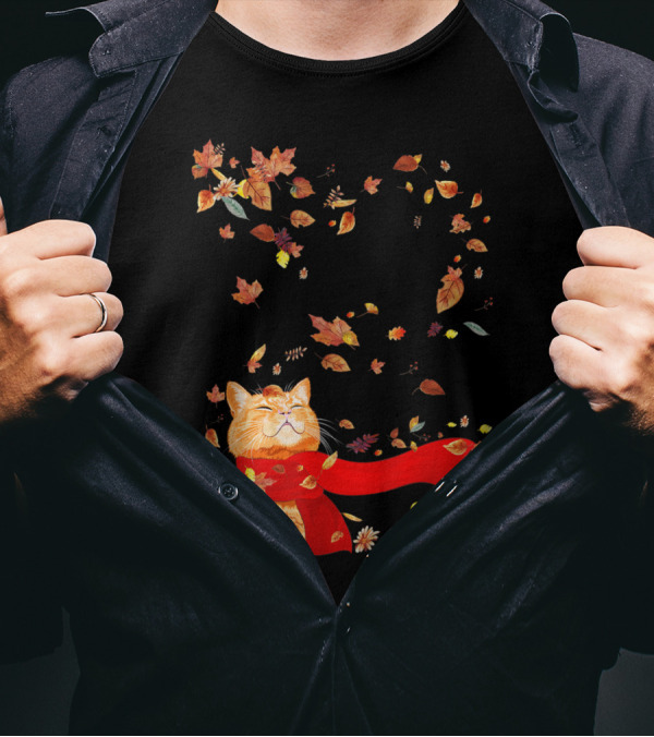 Maple Leaf Autumn Cat With Red Scarf Surrounded By Falling Leaves For Funny Kitten Lover T-Shirt