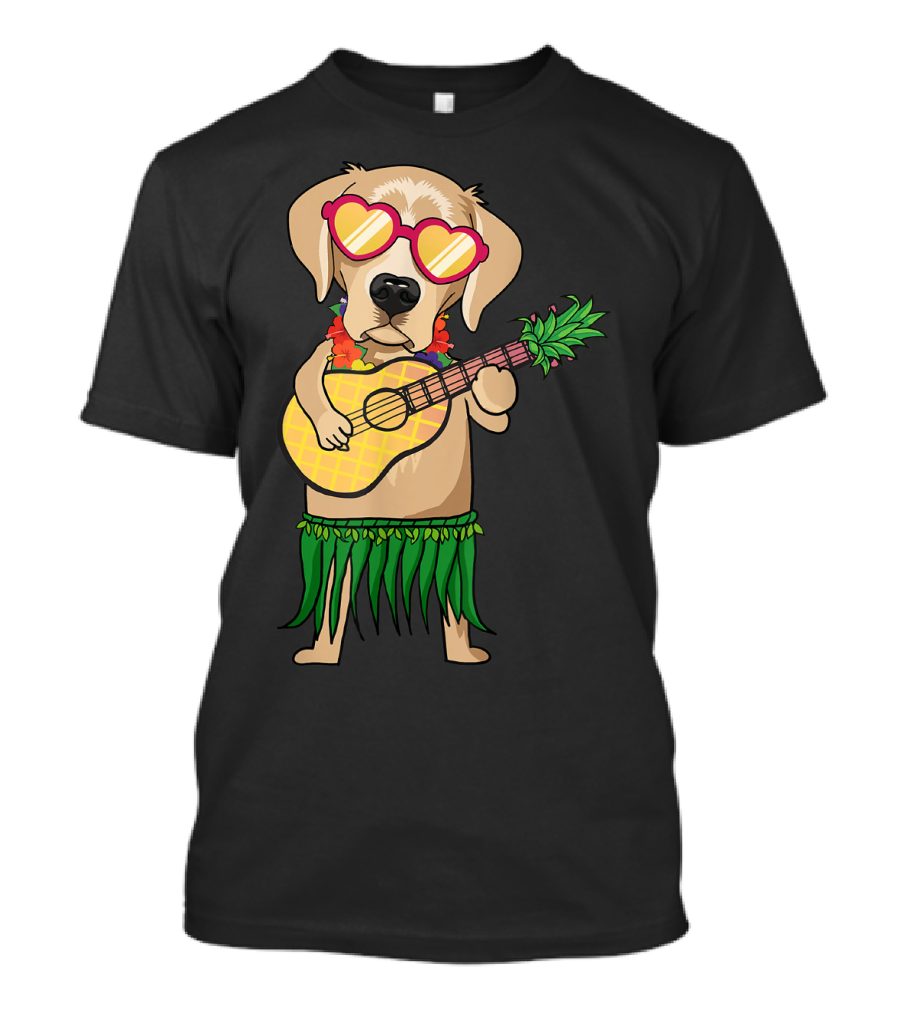 Labrador Retriever Ukulele Playing In Hawaiian Costume With Sunglasses Summer Vibes T-Shirt