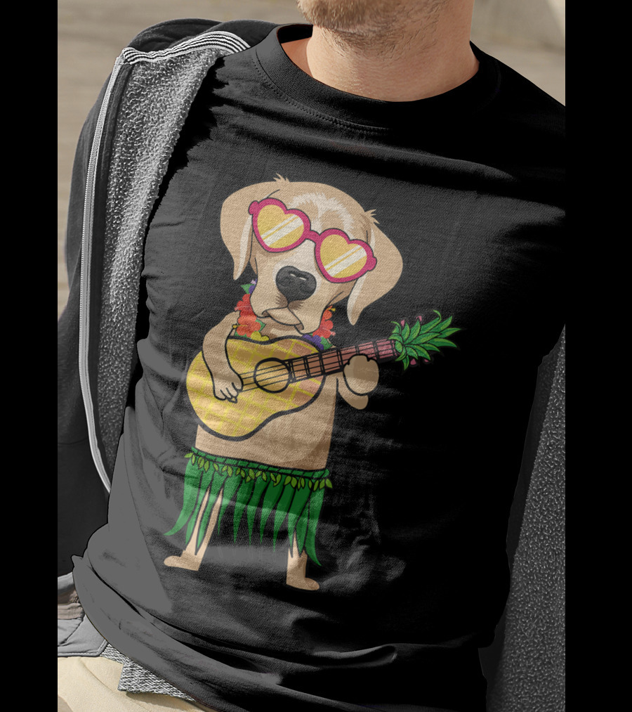 Labrador Retriever Ukulele Playing In Hawaiian Costume With Sunglasses Summer Vibes T-Shirt