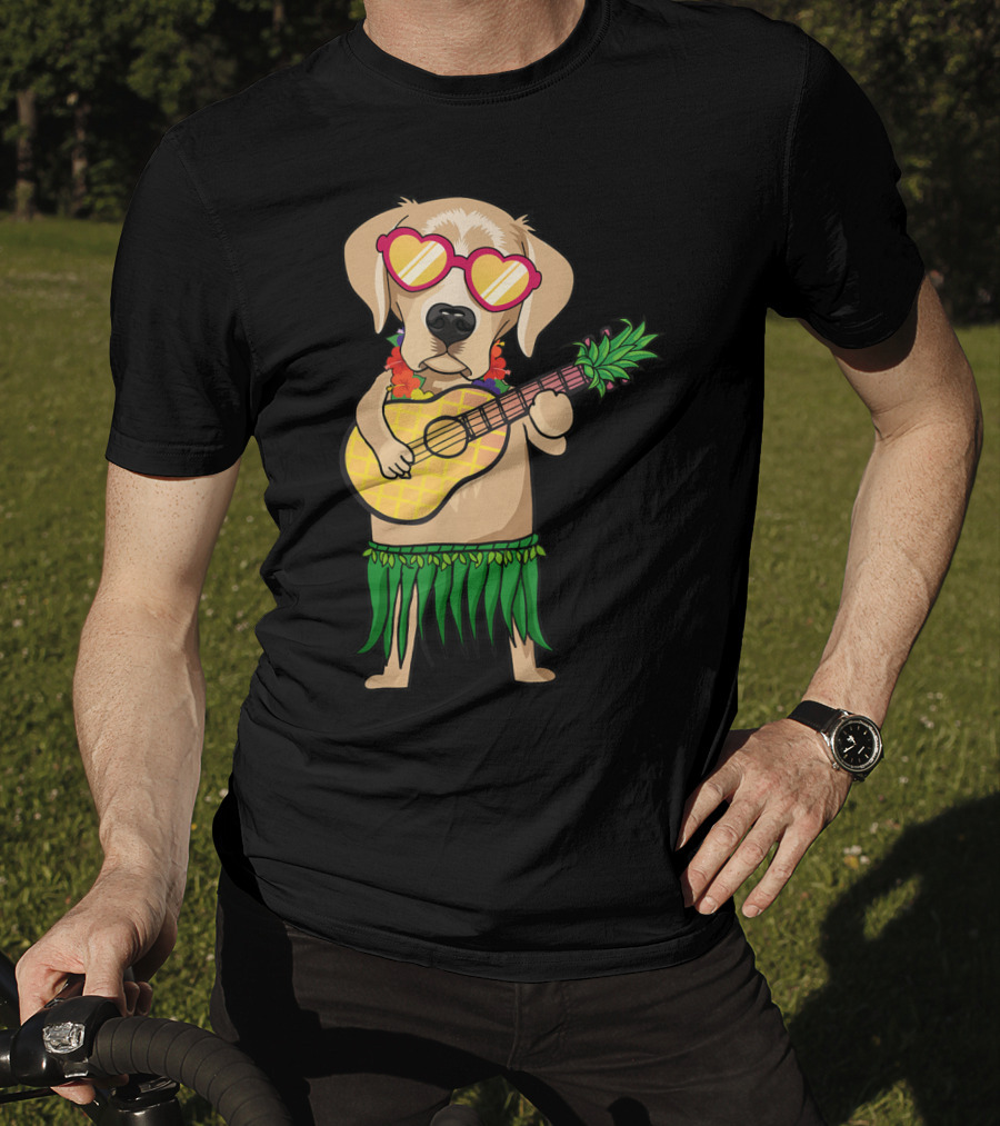 Labrador Retriever Ukulele Playing In Hawaiian Costume With Sunglasses Summer Vibes T-Shirt