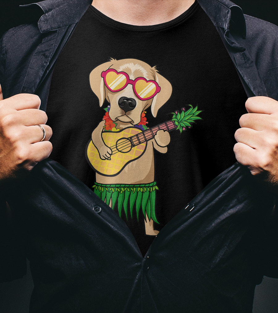 Labrador Retriever Ukulele Playing In Hawaiian Costume With Sunglasses Summer Vibes T-Shirt