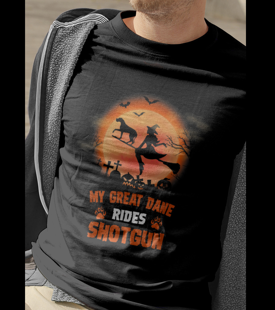 Great Dane Halloween Shotgun Witch And Dog Graveyard Scene T-Shirt