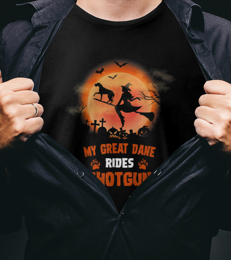 Great Dane Halloween Shotgun Witch And Dog Graveyard Scene T-Shirt