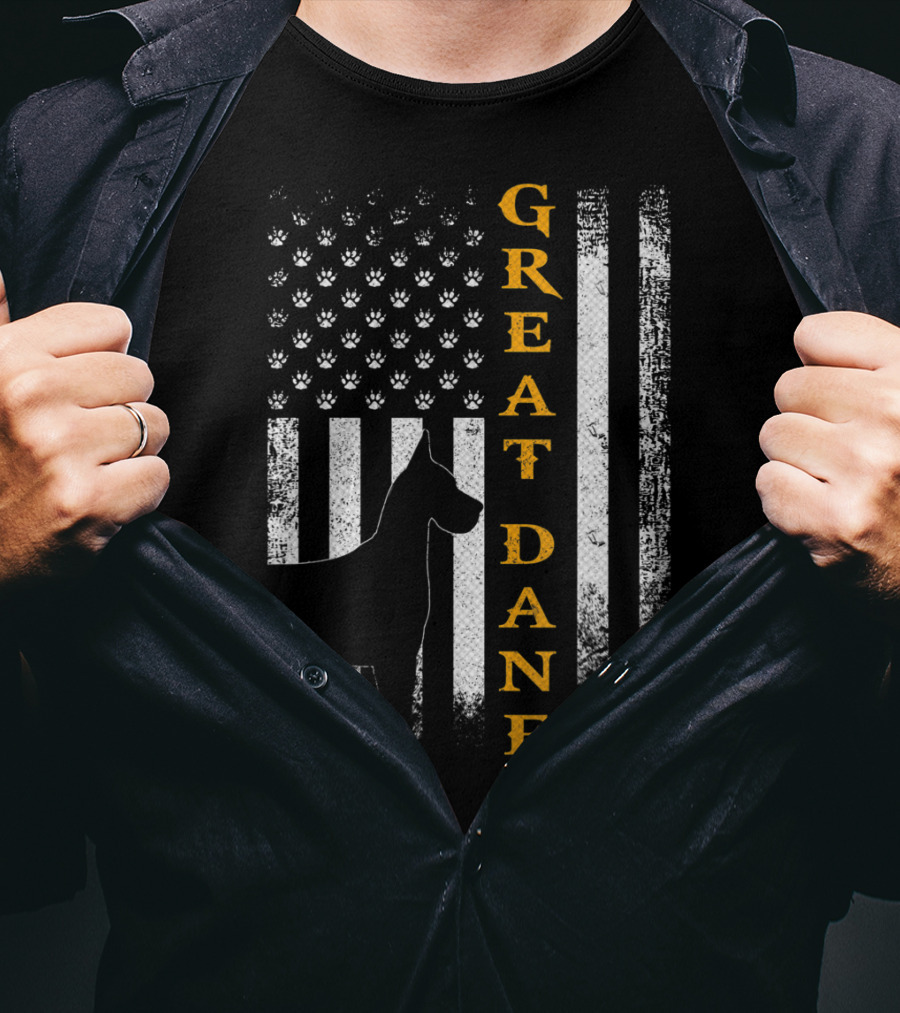 Great Dane American Flag Paw Print Vintage USA Dog T-Shirt