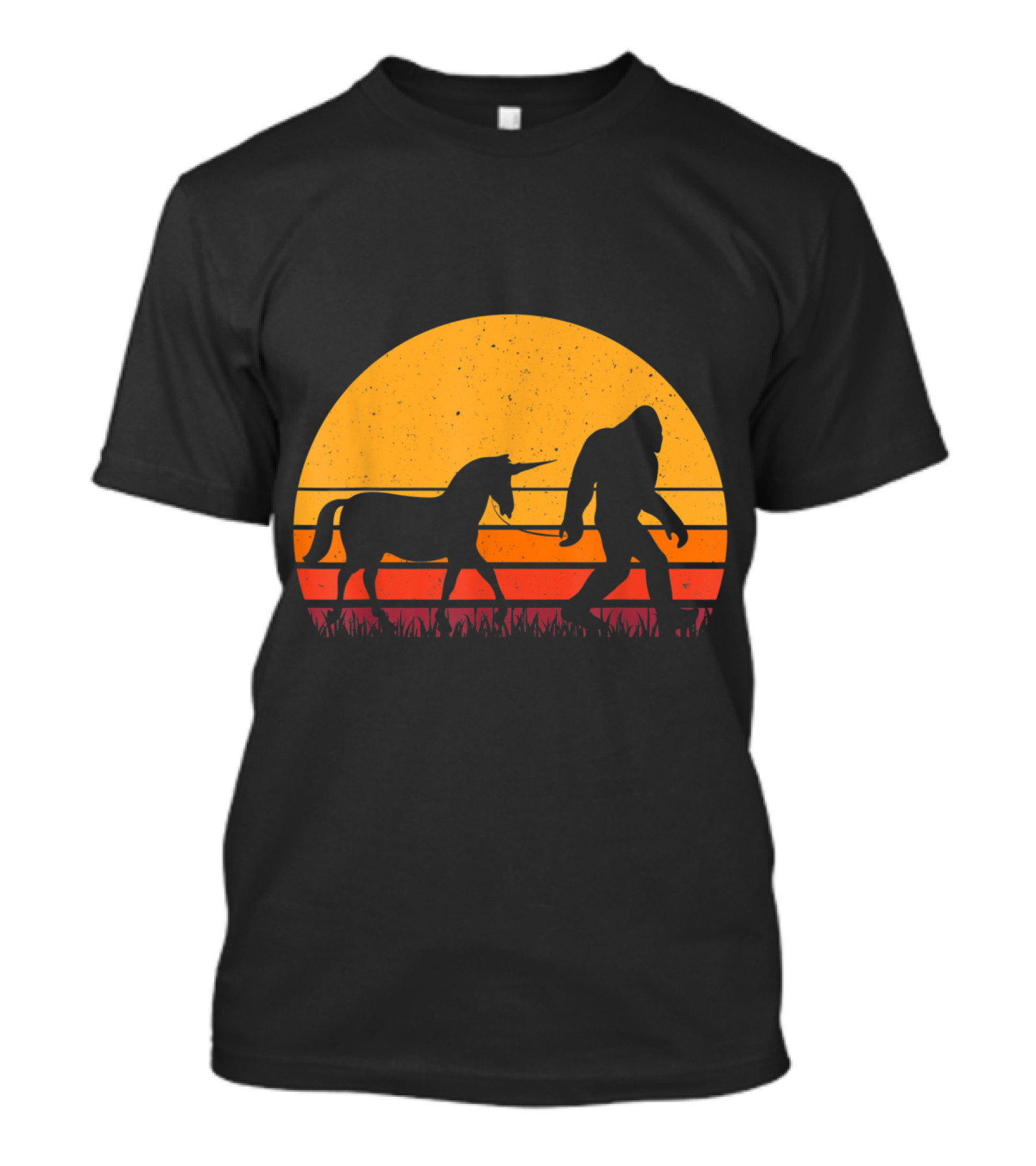 Bigfoot Sasquatch Walking Unicorn Retro Sunset T-Shirt
