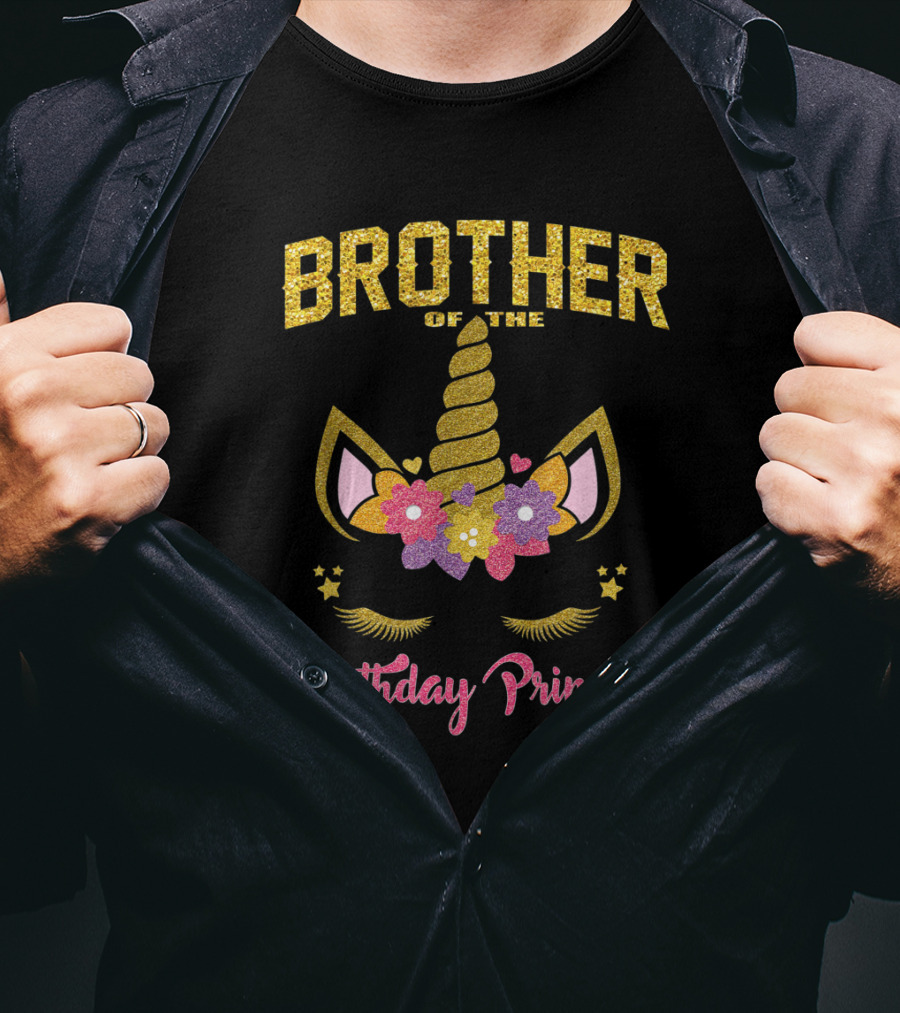 Brother Of The Birthday Princess Unicorn Flowers Hearts T-Shirt
