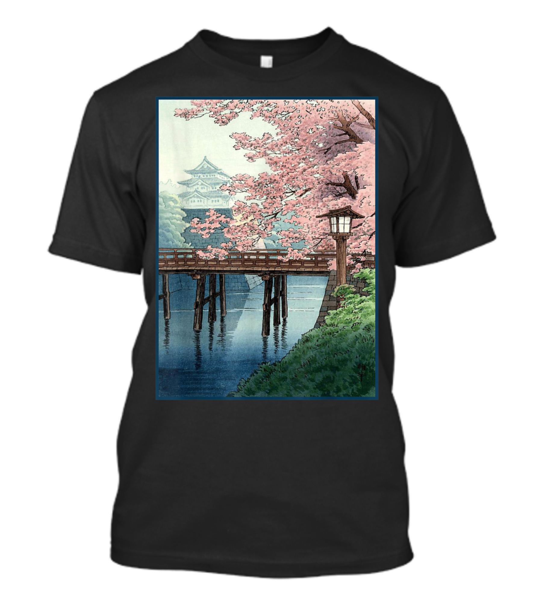 Japanese Cherry Blossom Woodblock Bridge And Pagoda Scene T-Shirt