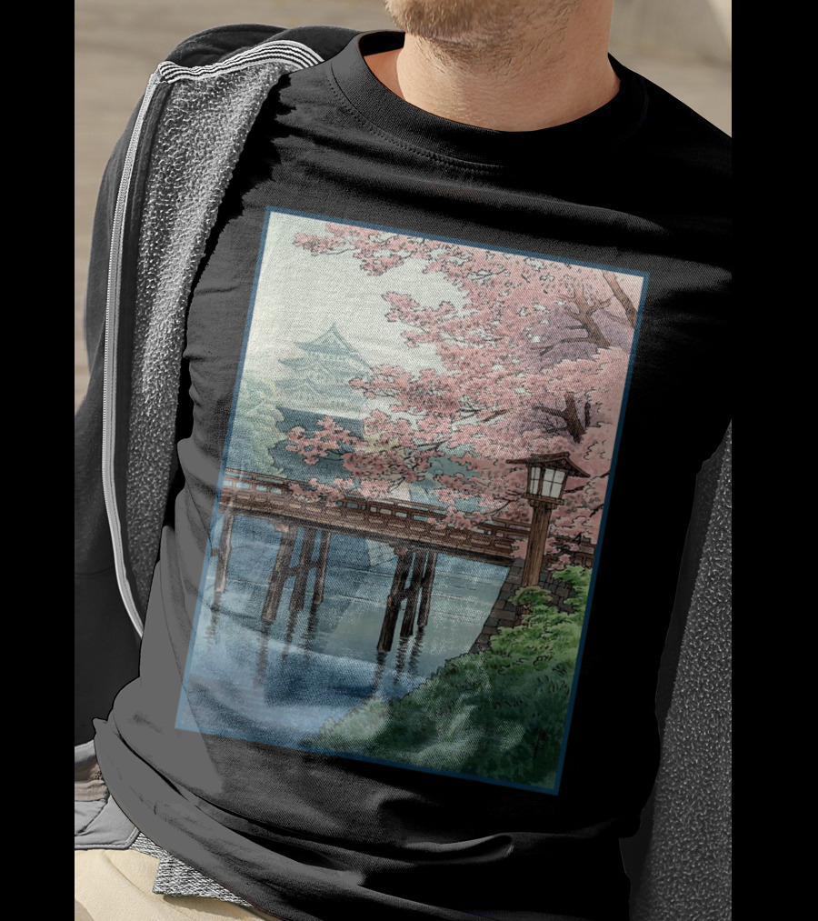Japanese Cherry Blossom Woodblock Bridge And Pagoda Scene T-Shirt
