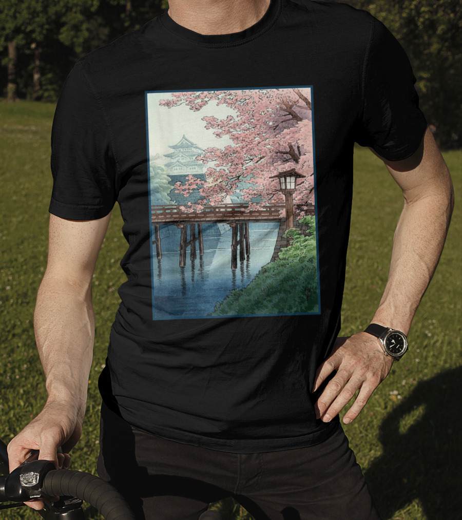 Japanese Cherry Blossom Woodblock Bridge And Pagoda Scene T-Shirt