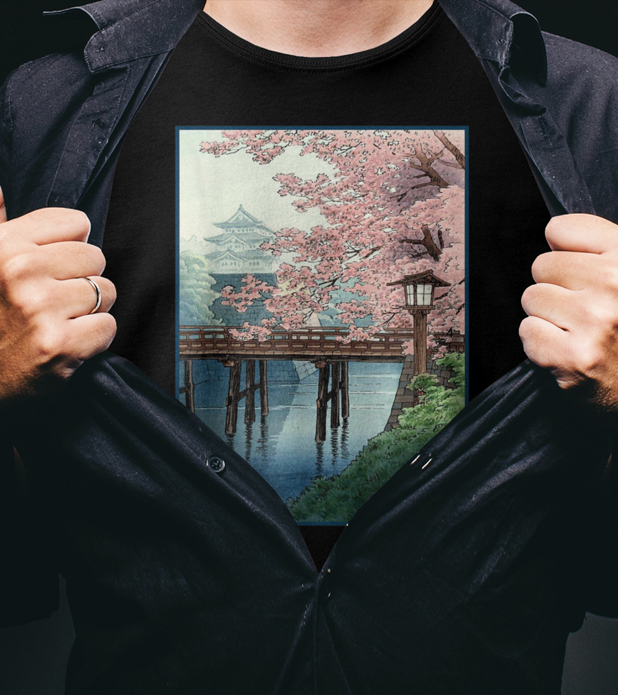 Japanese Cherry Blossom Woodblock Bridge And Pagoda Scene T-Shirt