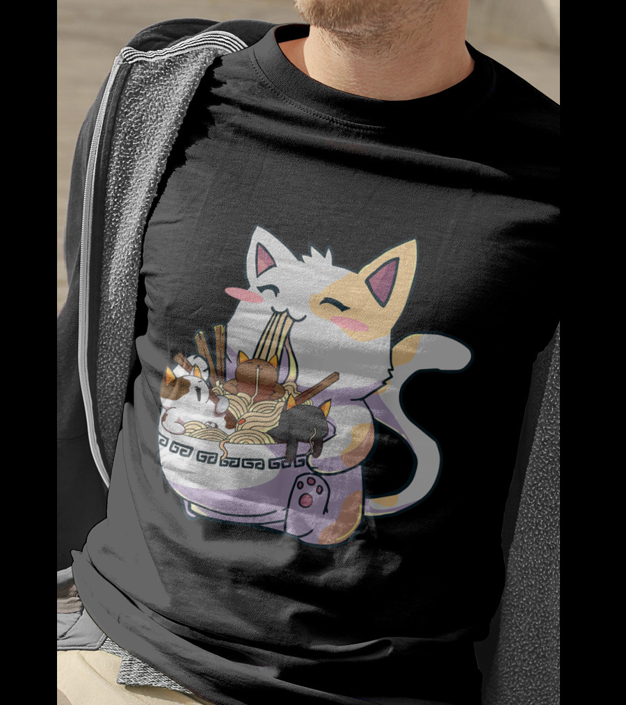 Kawaii Neko Cat With Ramen Bowl Anime Japanese Noodles And Chopsticks T-Shirt