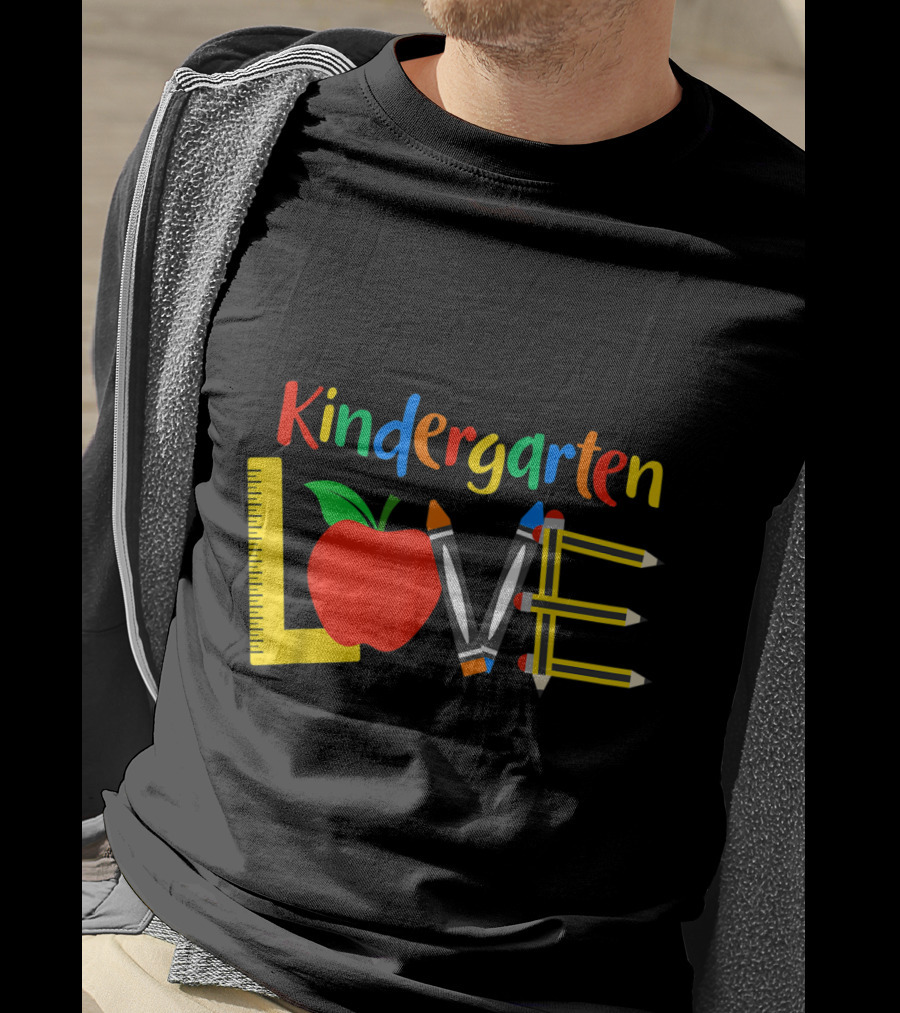Kindergarten Love Apple Ruler Crayons Pencils T-Shirt