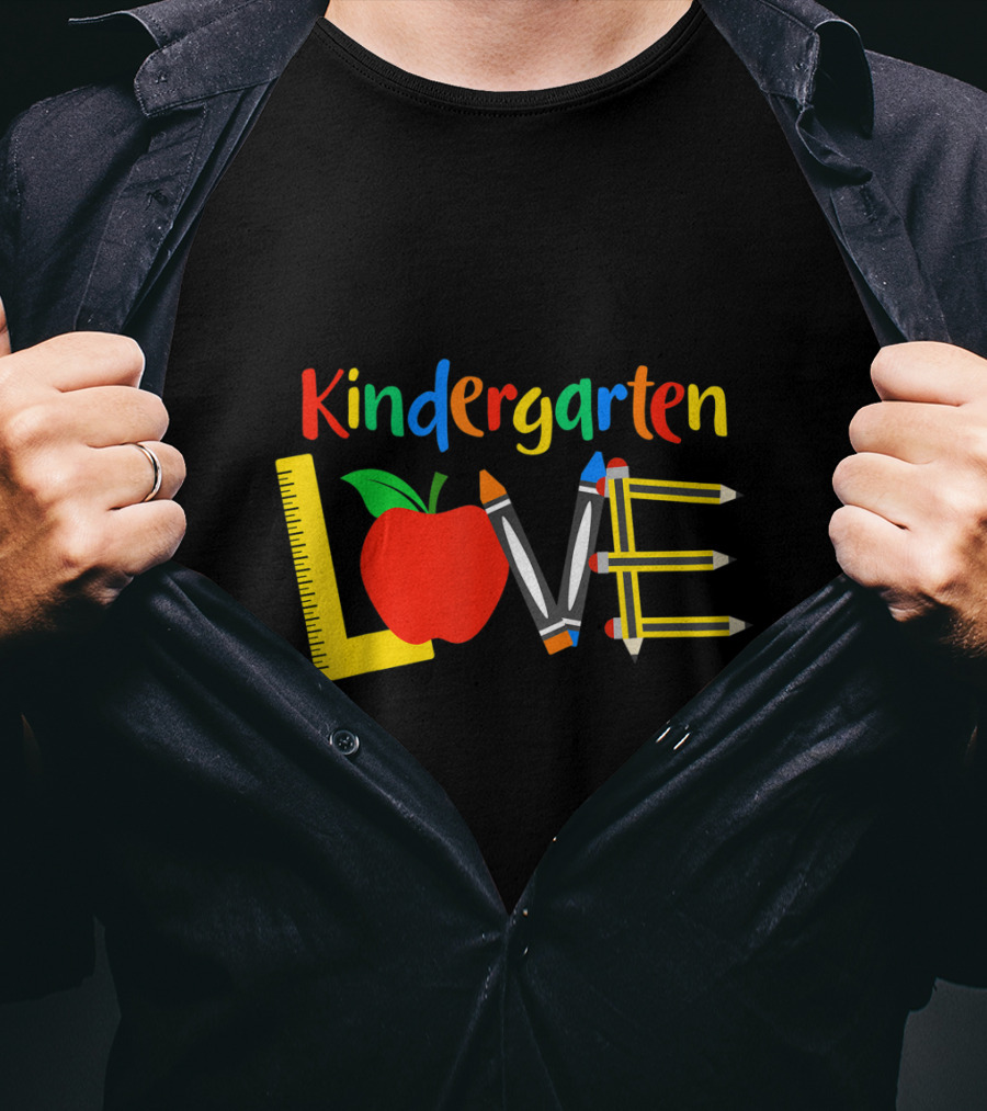 Kindergarten Love Apple Ruler Crayons Pencils T-Shirt