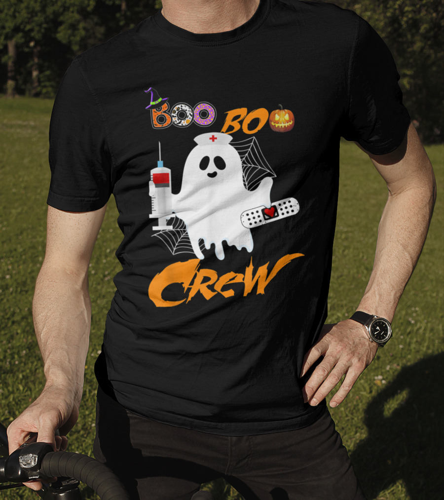 Boo Boo Crew Nurse Ghost Funny Halloween Costume With Syringe And Spider Webs T-Shirt