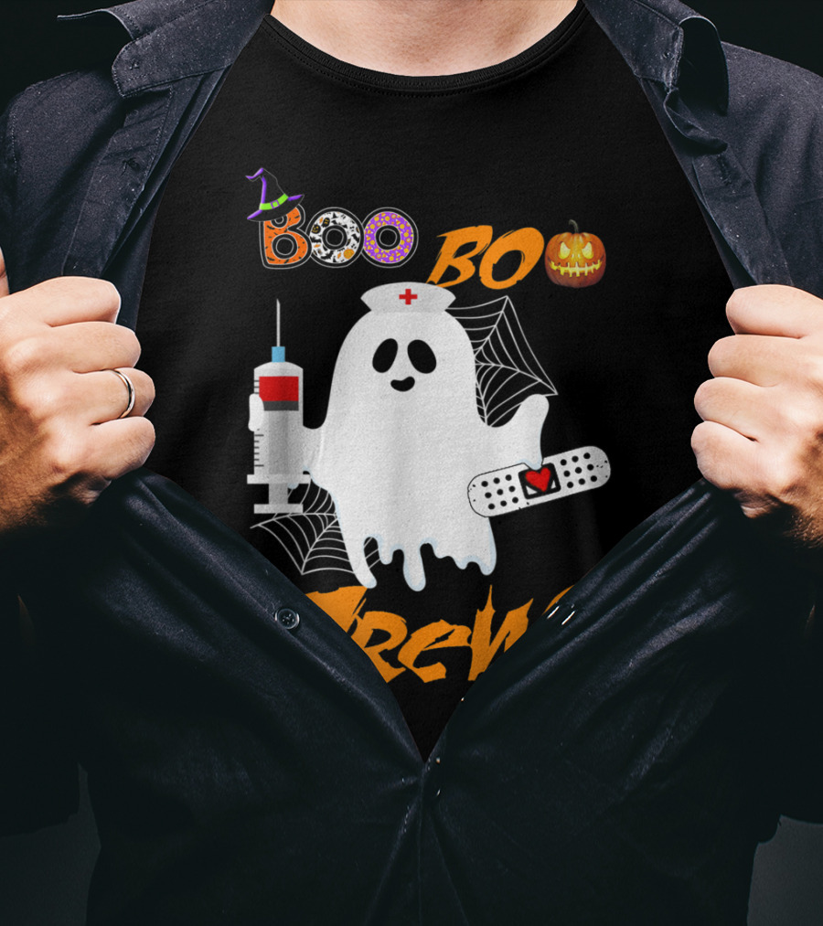 Boo Boo Crew Nurse Ghost Funny Halloween Costume With Syringe And Spider Webs T-Shirt