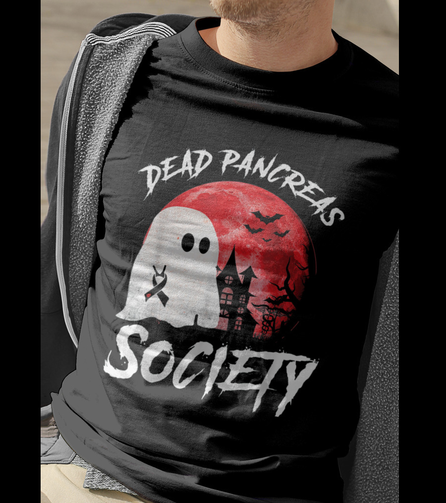 Dead Pancreas Society Halloween Ghost With Diabetes Awareness Ghostly Castle And Blood Moon T-Shirt