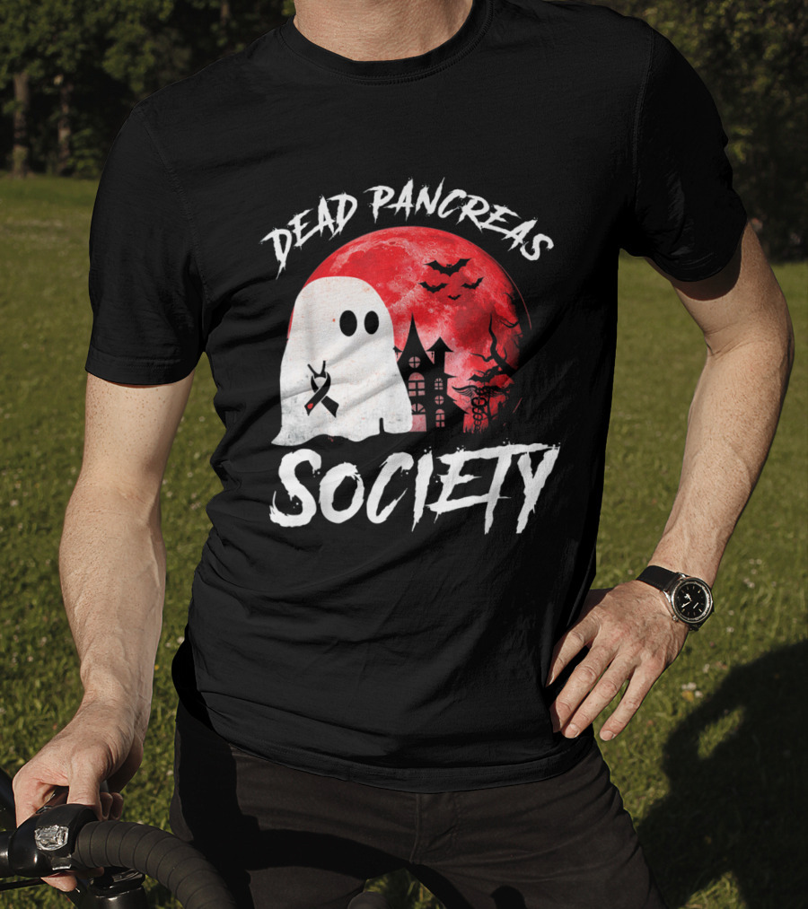 Dead Pancreas Society Halloween Ghost With Diabetes Awareness Ghostly Castle And Blood Moon T-Shirt