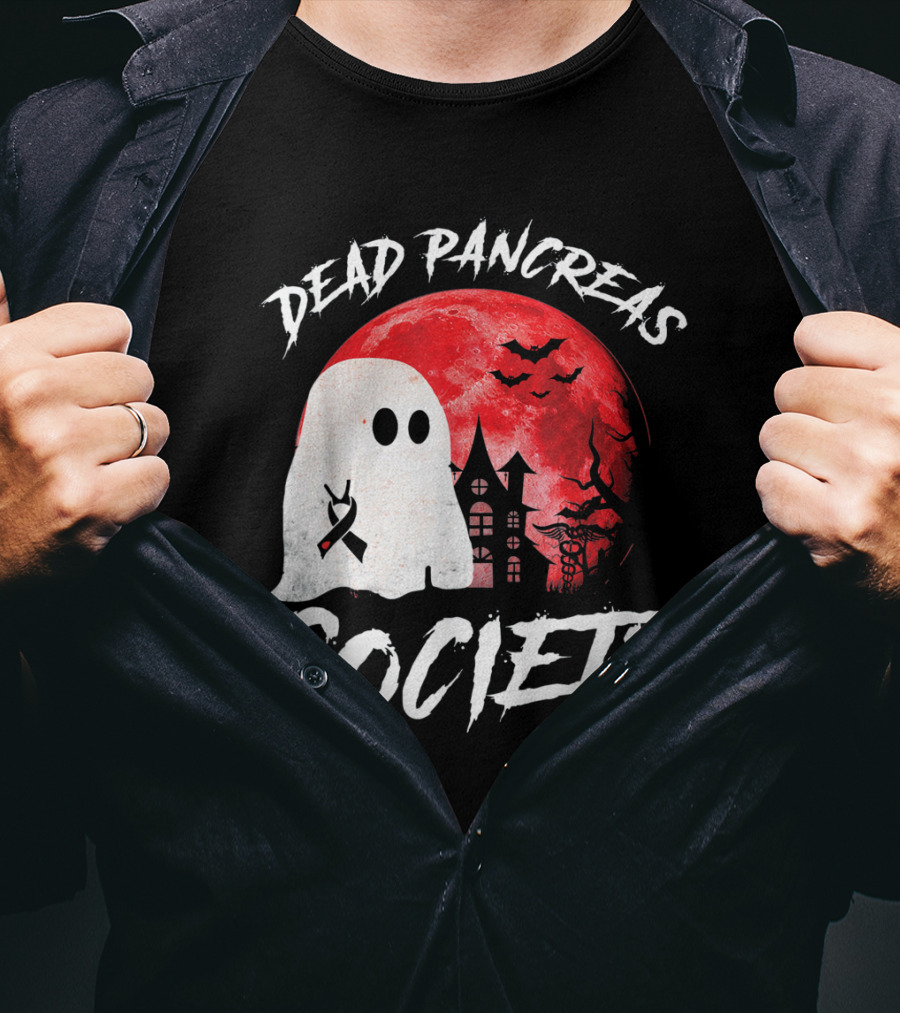 Dead Pancreas Society Halloween Ghost With Diabetes Awareness Ghostly Castle And Blood Moon T-Shirt