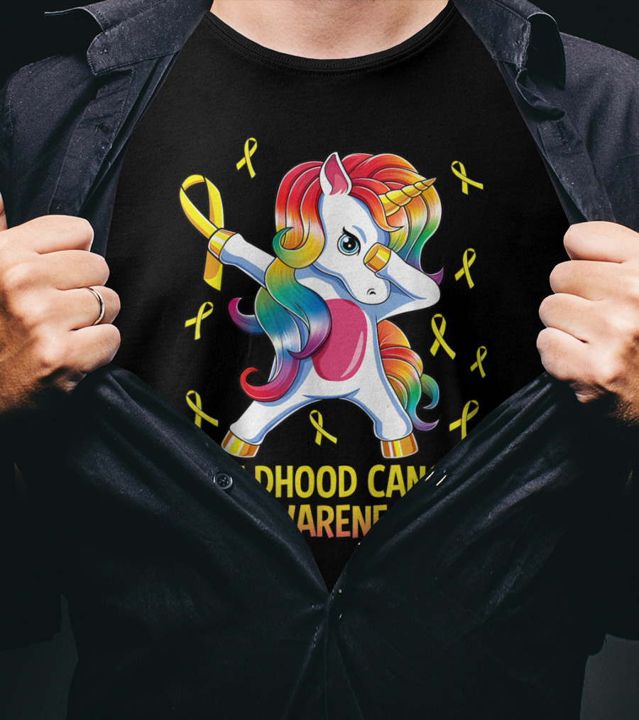 Dabbing Unicorn Childhood Cancer Awareness Ribbons T-Shirt