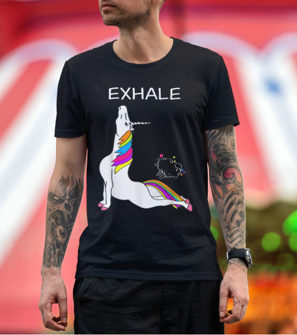 Premium T-Shirt: EXHALE Yoga Unicorn Funny Yoga Unicorn Exhale Fart Rainbow T-Shirt EXHALE Yoga Unicorn Funny Yoga Unicorn Exhale Fart Rainbow T-Shirt