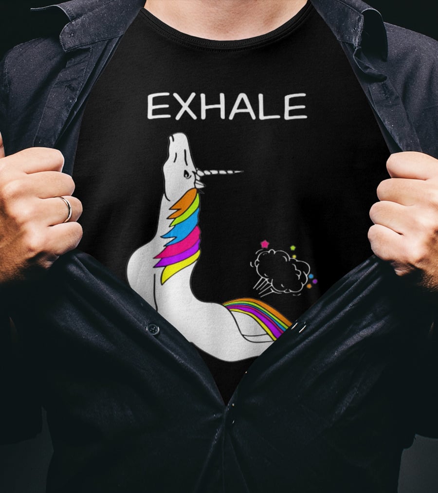 EXHALE Yoga Unicorn Funny Yoga Unicorn Exhale Fart Rainbow T-Shirt