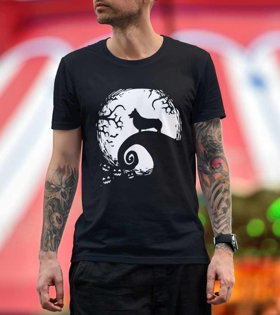 Cardigan Welsh Corgi Howling on Spiraled Hill Under Full Moon with Creepy Trees and Bats T-Shirt