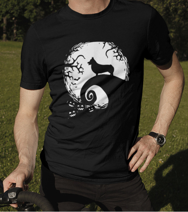 Cardigan Welsh Corgi Howling On Spiraled Hill Under Full Moon With Creepy Trees And Bats T-Shirt