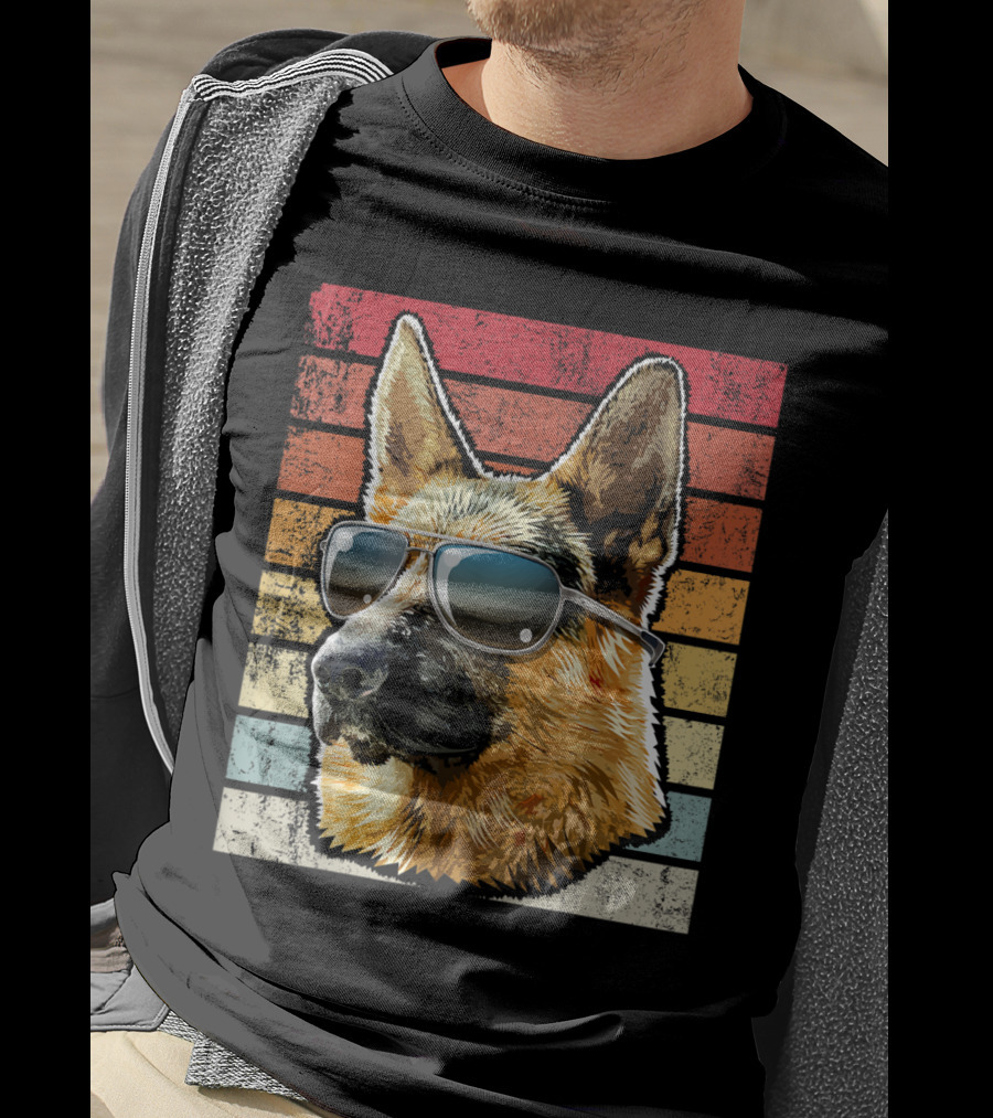 Retro Vintage German Shepherd Dog Sunglasses Stripes T-Shirt
