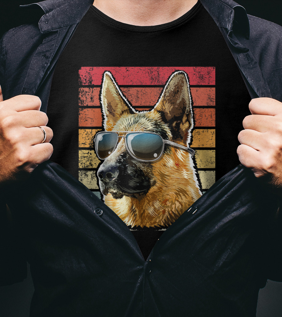 Retro Vintage German Shepherd Dog Sunglasses Stripes T-Shirt