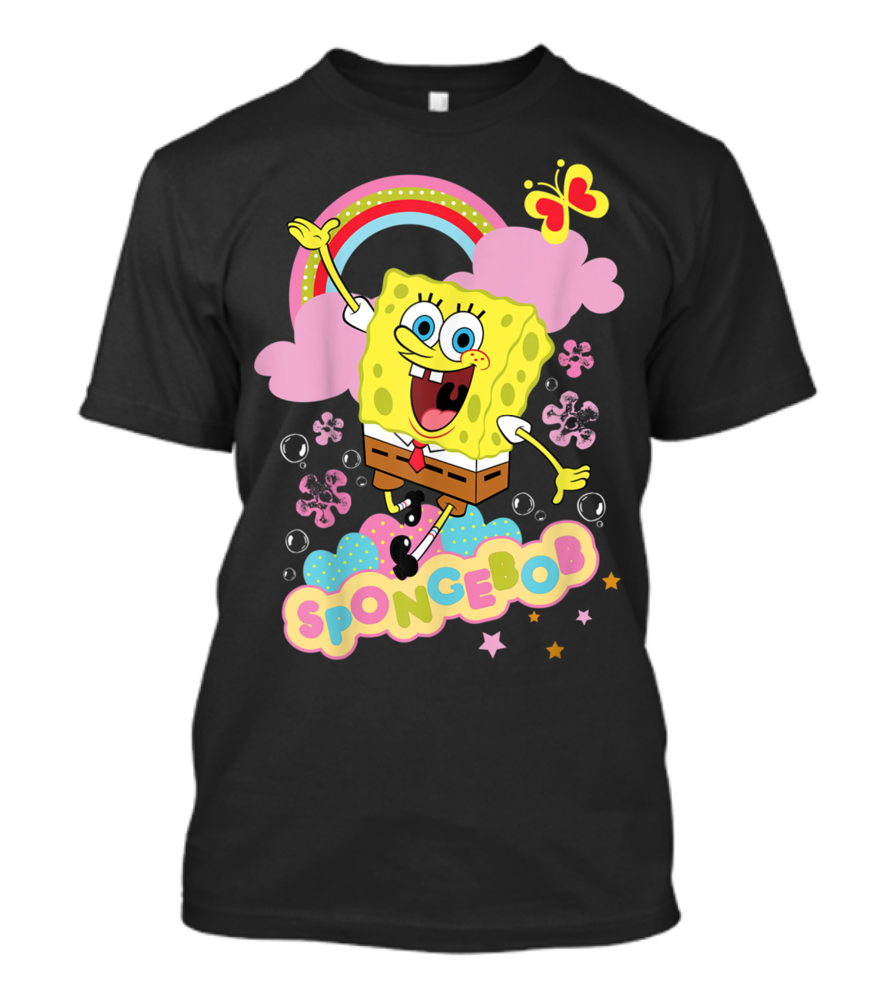 SpongeBob SquarePants Rainbow Clouds Bubbles Butterfly Flowers Stars T-Shirt