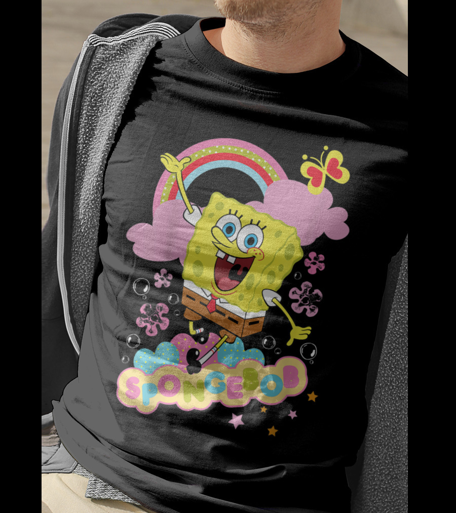 SpongeBob SquarePants Rainbow Clouds Bubbles Butterfly Flowers Stars T-Shirt