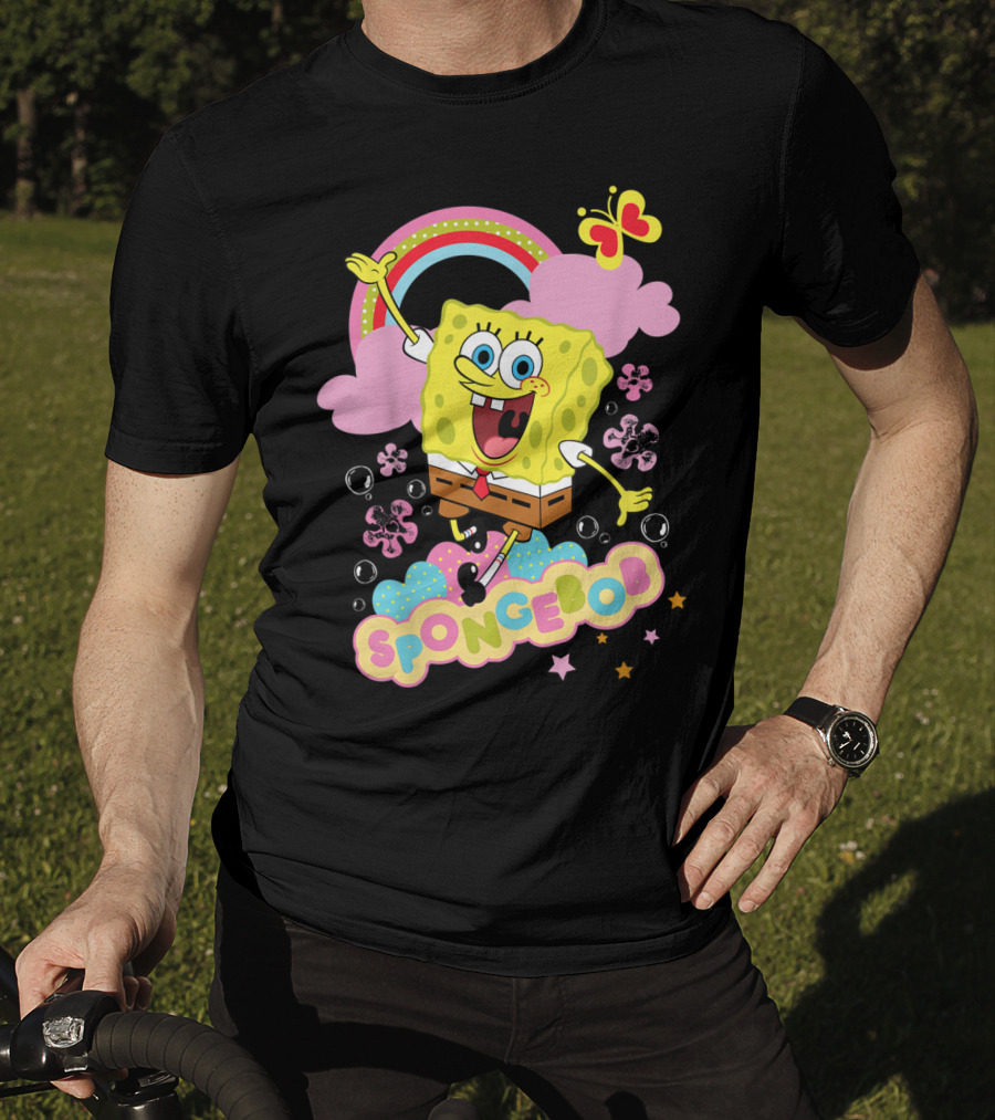 SpongeBob SquarePants Rainbow Clouds Bubbles Butterfly Flowers Stars T-Shirt
