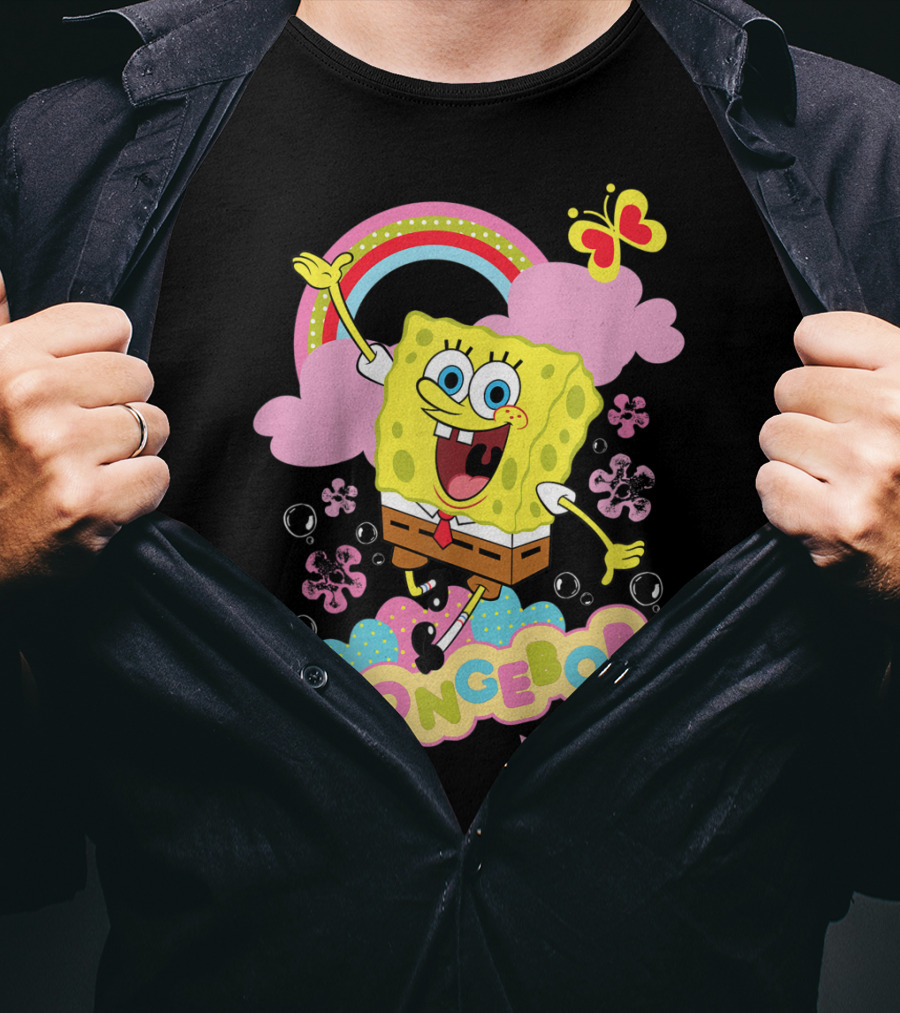 SpongeBob SquarePants Rainbow Clouds Bubbles Butterfly Flowers Stars T-Shirt
