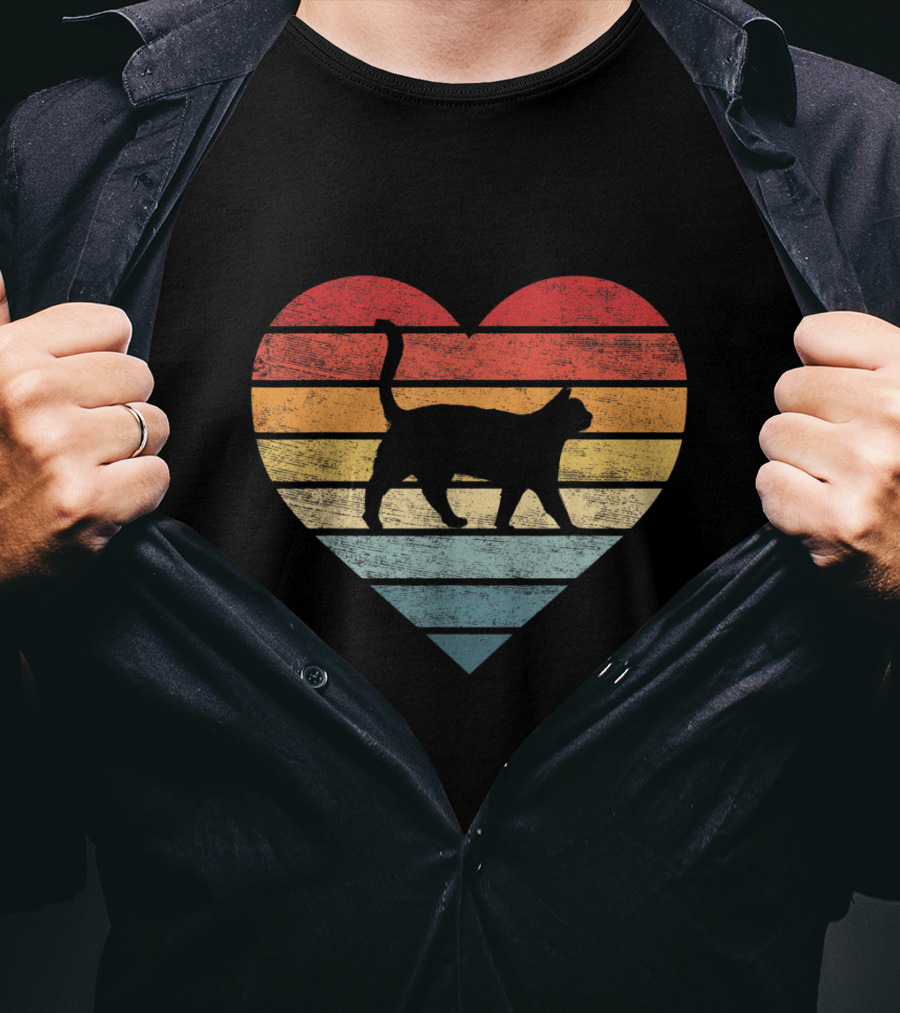 Vintage Striped Heart Cat Lover Pet Owner Kitty T-Shirt
