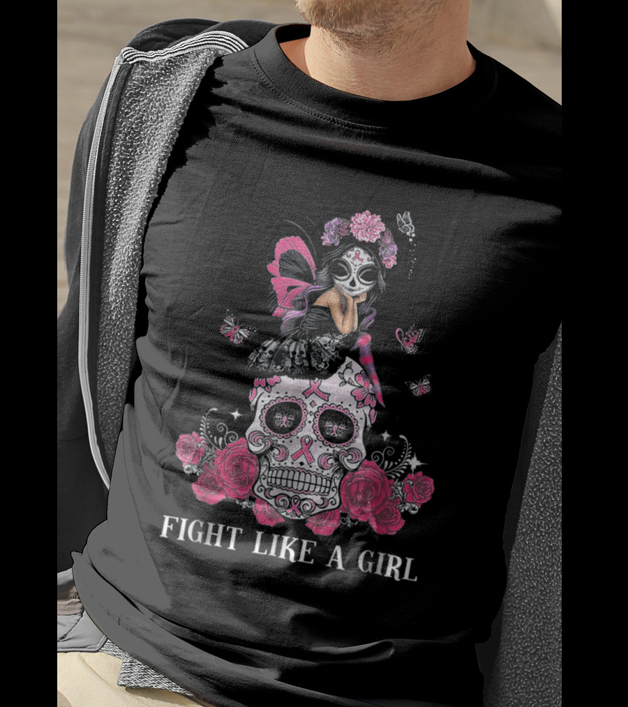 Fight Like A Girl Sugar Skull Butterfly Roses T-Shirt