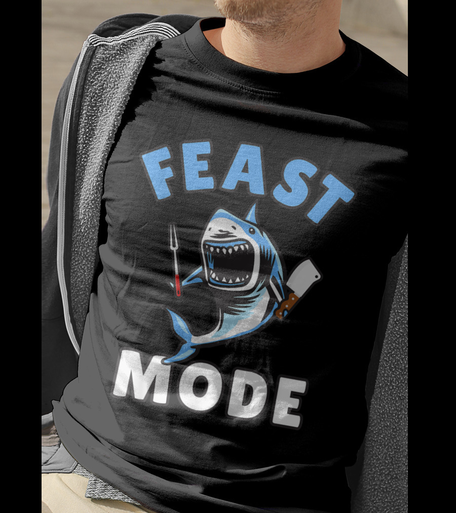 Feast Mode Great White Shark Cartoon Thanksgiving Kids T-Shirt