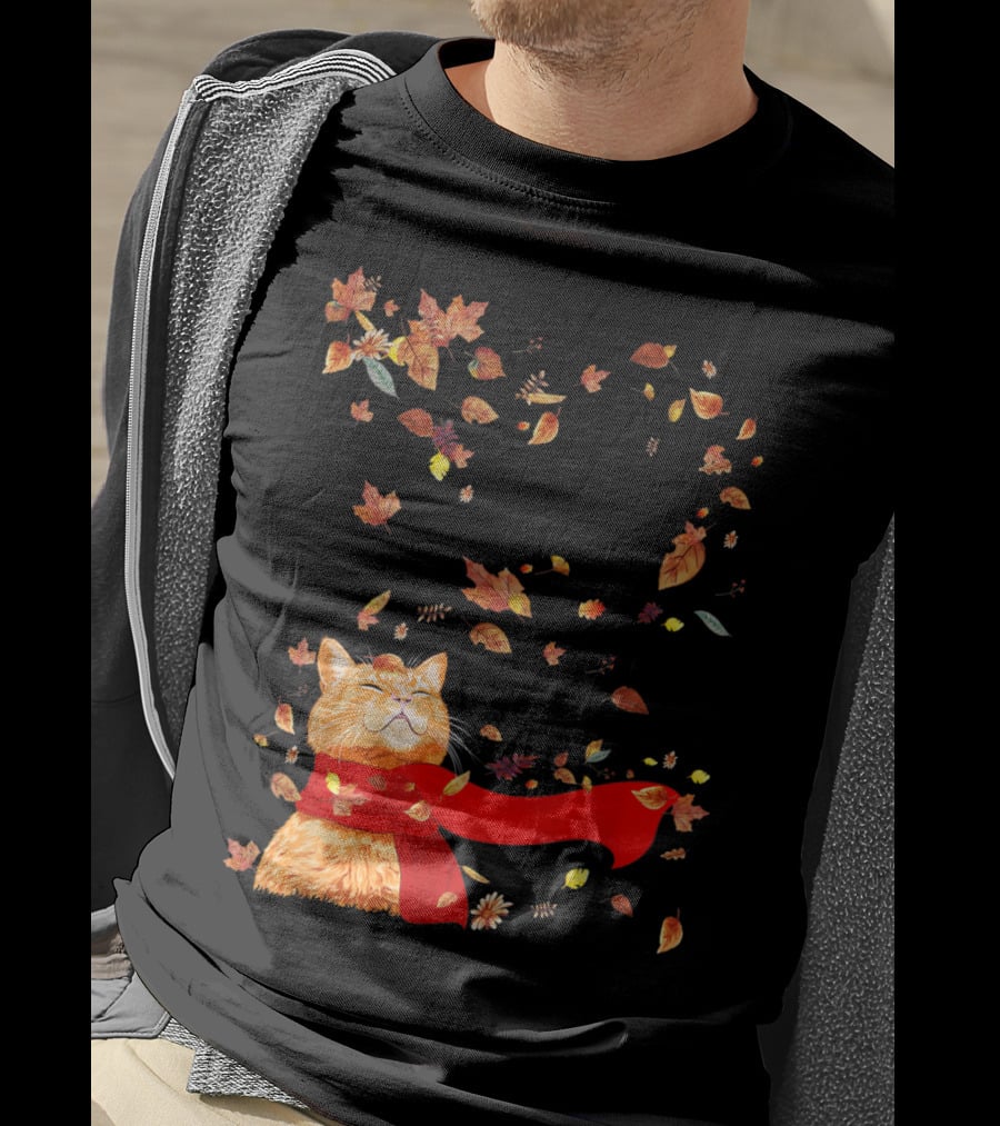 Hello Autumn Maple Leaf Fall Funny Cat Kitten Lover T-Shirt
